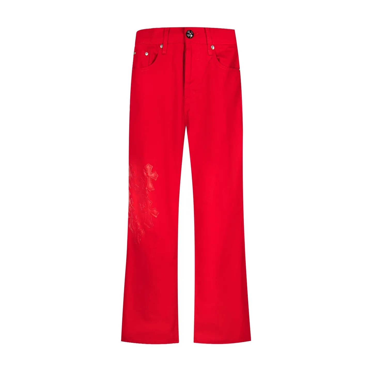 P260 CHROME HEARTS 25ss dopamine Chinese red cross leather washed jeans - Full of exploring the ultimate in fashion, Chrome Hearts' new Chrome Hearts pants not only present a unique style, but the fresh ice blue color looks particularly youthful and energetic. The mid-high waist design is paired with a lazy and casual style, which not only shows long legs but also maintains a casual feel. It is a must-have fashion choice for trendy men and trendy women. Style No.: 1789 Color: Dopamine Red Size: 28 30 32 34